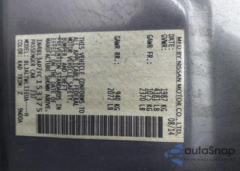 2015 Nissan Altima 3.5 Sl из США, поврежденный, VIN 1N4BL3AP2FC153375